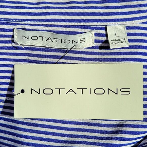 Notations Blue White Striped Long Sleeve Button Down Blouse size L Roll Tab NWT - Picture 10 of 12